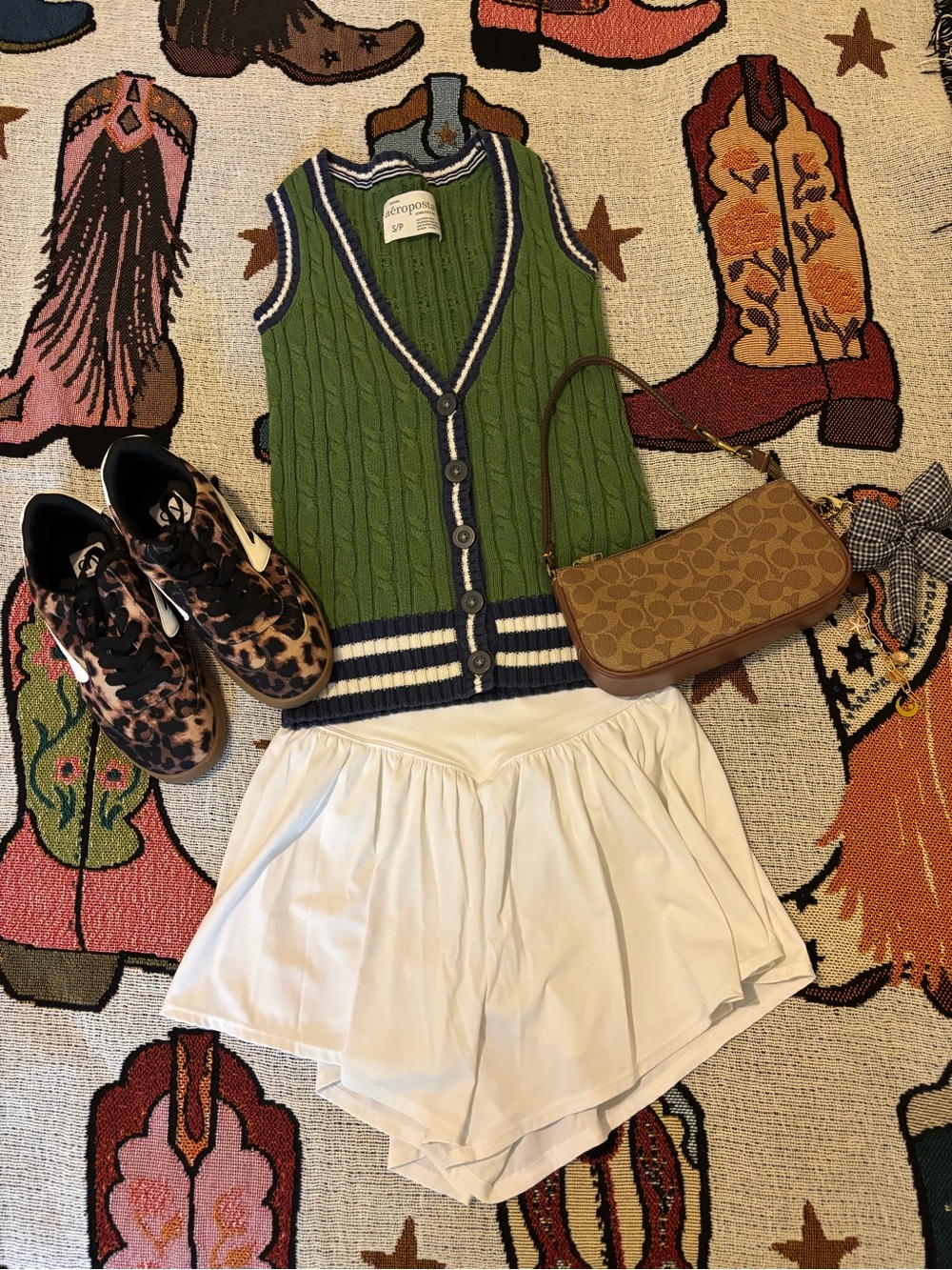 VINTAGE Aeropostale Green Knit Button Vest with Navy Trim